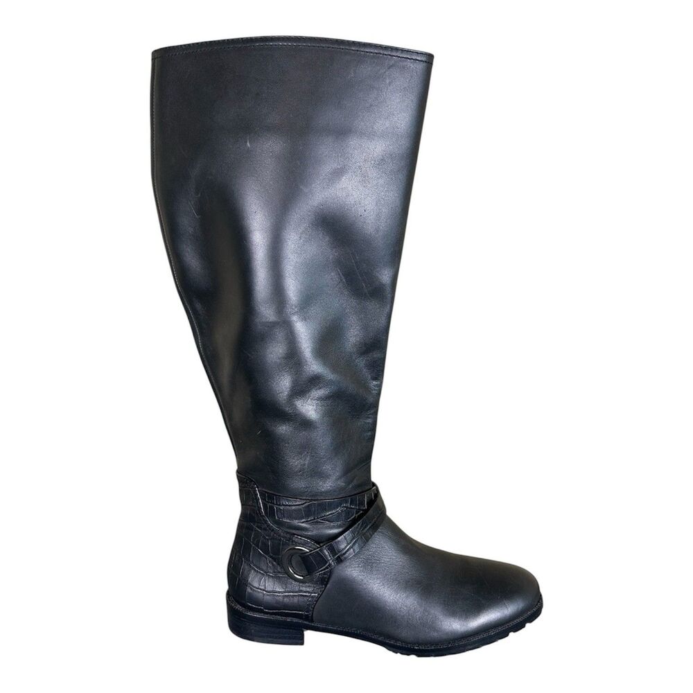 Antonio Melani Black Leather Riding Boots Ring Strap Wide Calf Shaft Sz 8 Wide